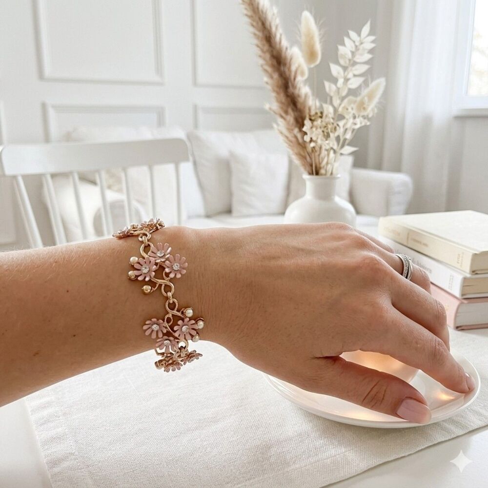 Vintage BARCLAY Pink Enamel Flower Bracelet Gold Tone Pearl Rhinestone 6" MCM